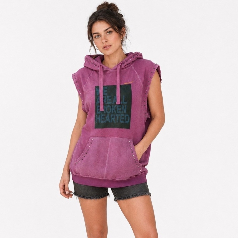 FREECITY RARE Womens XS Pink Studded Sleeveless Graphic Hoodie Grunge Oversized